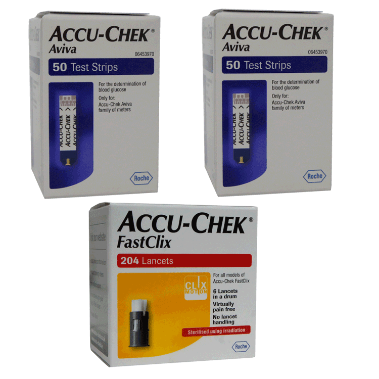 AccuChek Aviva-teststrips 2 x 50 + FastClix x 204 lancetten