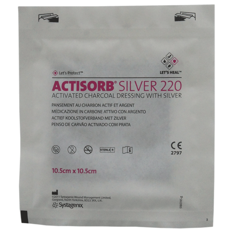 Actisorb 220 Silver / Charcoal Dressings 10.5 x 10.5cm x 5 dressings - For Infected Wounds