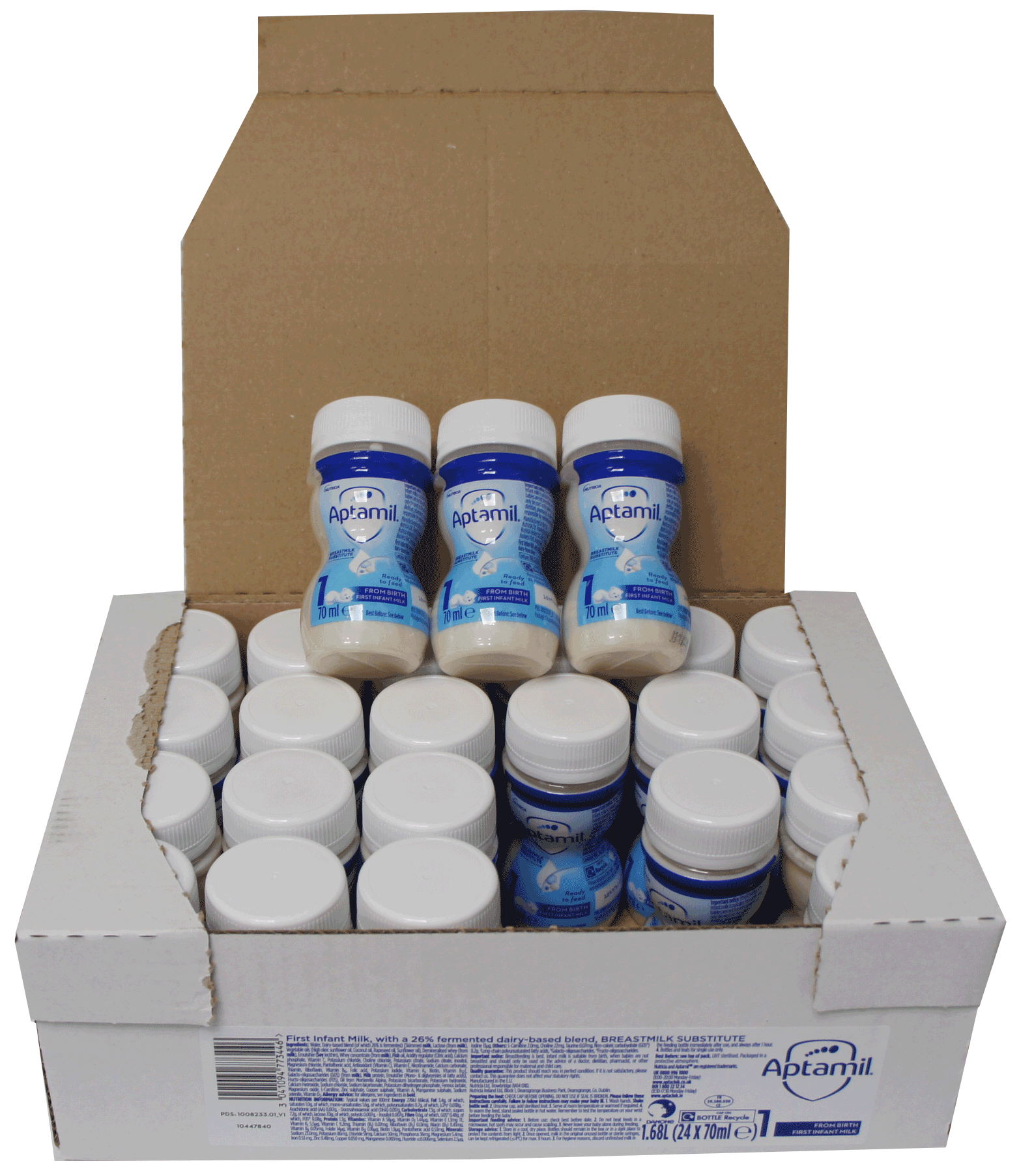 Aptamil 1 First Infant Milk Ready to Feed 70ml x 24 + SMA Medium Flow Latex Yellow Neck Teats x 24