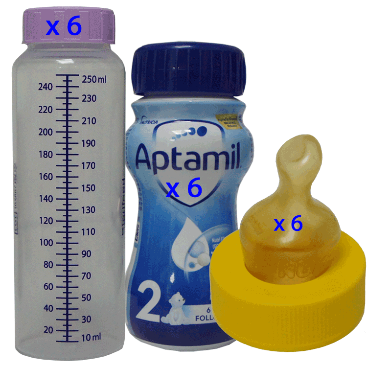Baby Milk Emergency Travel Pack - Aptamil 2 Follow On Baby Milk 200ml x 6 ( With 6 x Sterile bottles and 6 sterile teats)