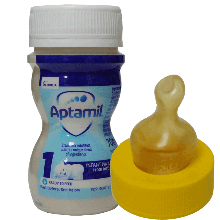 Aptamil 1 First Infant Milk Ready to Feed 70ml x 24 + SMA Medium Flow Latex Yellow Neck Teats x 24