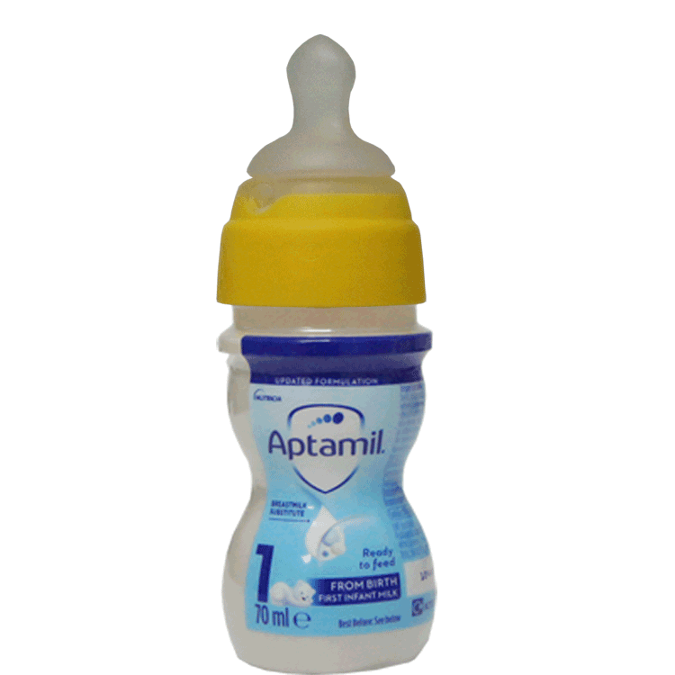Aptamil 1 First Infant Milk Ready to Feed 70ml x 24 + NUK Medium Flow Yellow Neck Teats x 24