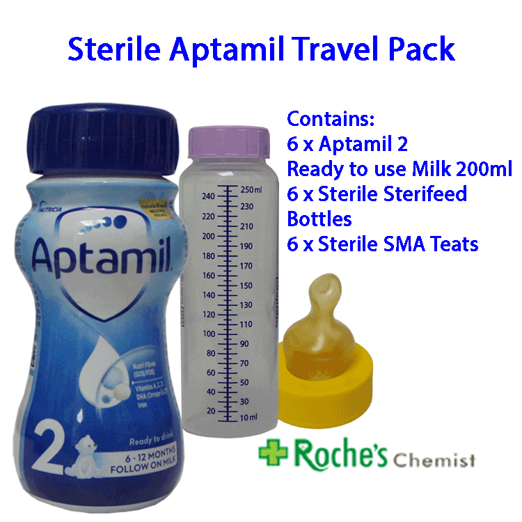 Baby Milk Emergency Travel Pack - Aptamil 2 Follow On Baby Milk 200ml x 6 ( With 6 x Sterile bottles and 6 sterile teats)