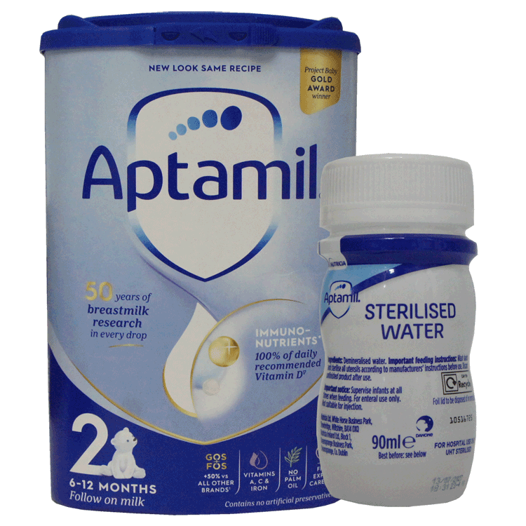 Aptamil 2 Formule Bébé 800 g plus Aptamil Eau Stérile 90 ml x 24 - À partir de 6 mois