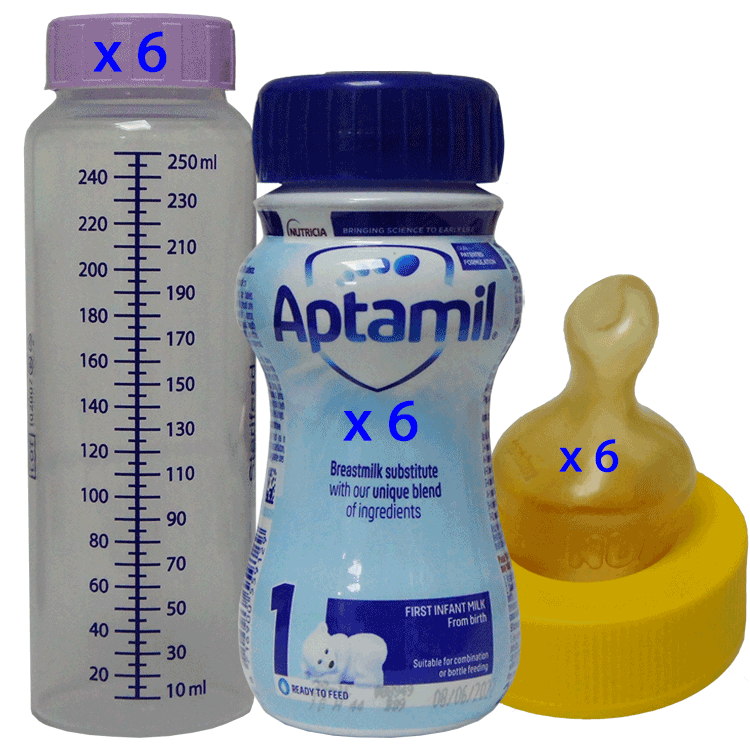 Reispakket voor steriele babymelk - Aptamil 1 eerste babymelk 200 ml x 6 (met 6 x steriele flessen en 6 steriele spenen)