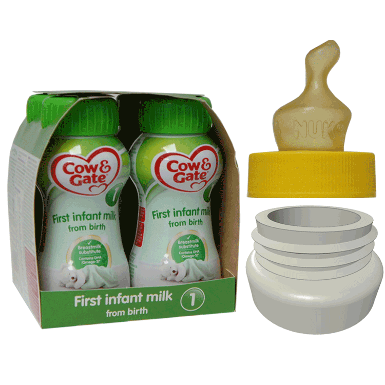 Milk carton to feeding bottle - Converter Kit - Cow & Gate 1 First Baby Milk 200ml x 4 + Converter Lid + 24 Sterile SMA Teats