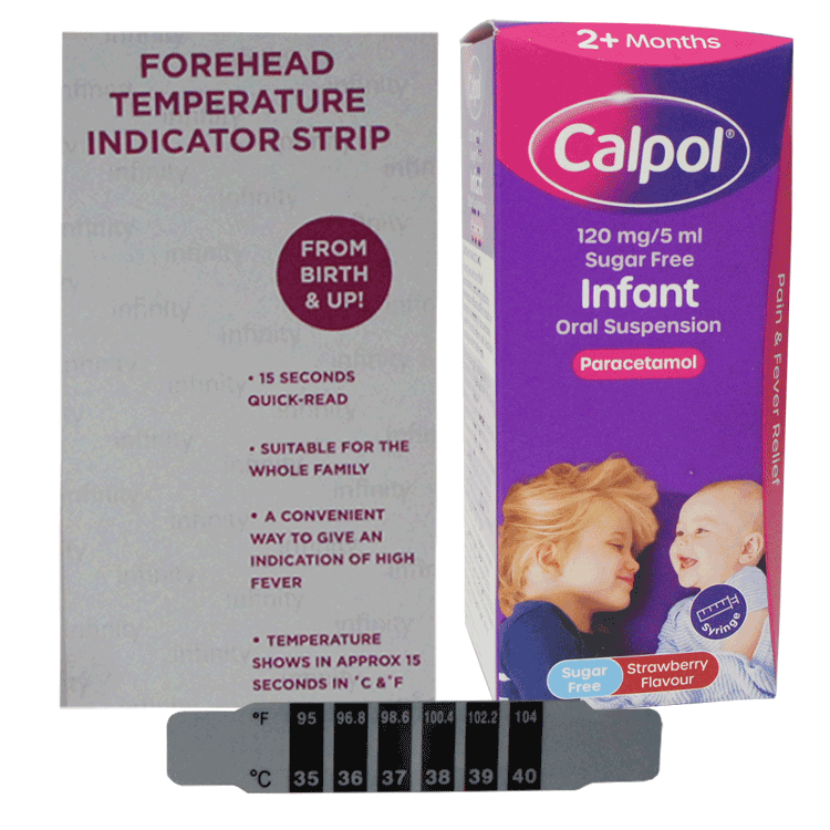 Calpol 3m+ Paracetamol Suspension 125mg/5ml 140ml - Strawberry Flavour With or Without Forehead Thermometer