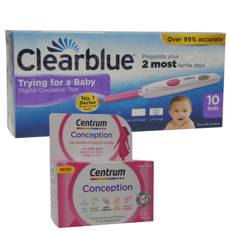 Clearblue Ovulation Kit x 10 tests - Hormone test kit  With or Without Centrum Conception x 30 tablets