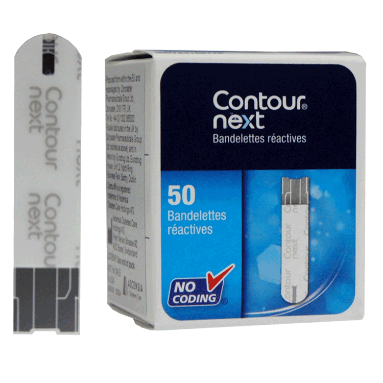 Bandelettes de test de glycémie Contour Next x 50 pour le diabète / Avec ou sans boîte pour objets tranchants