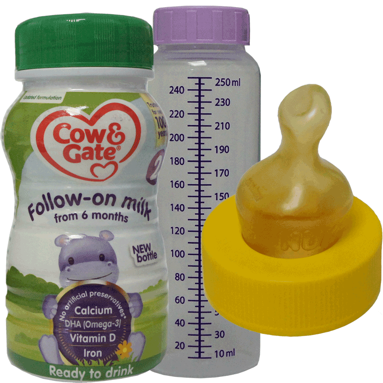 Pack de voyage d'urgence pour lait stérile pour bébé - Lait pour bébé Cow & Gate Follow On 200 ml x 6 (avec 6 biberons stériles et 6 tétines stériles)