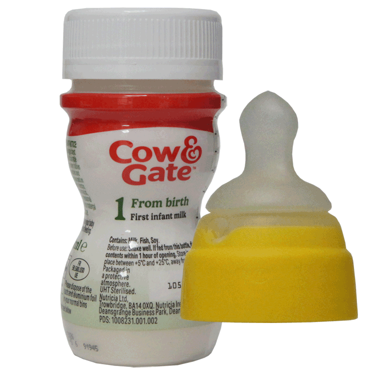Cow & Gate First Infant Milk 70ml x 24 - Ready to Use + 24 Screw On NUK Teats - Slow Flow