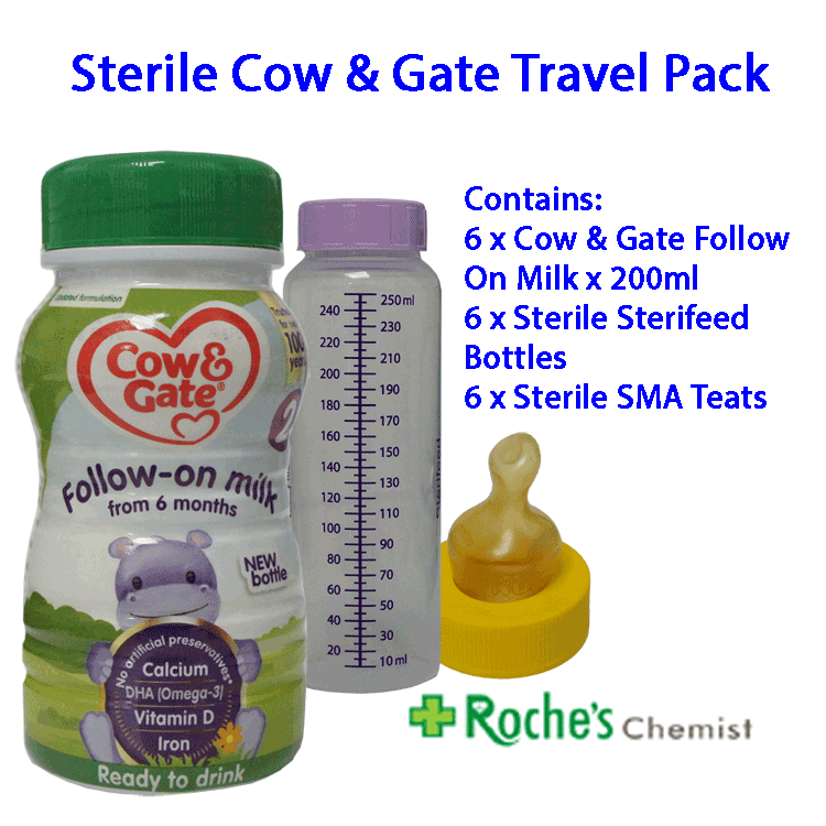 Pack de voyage d'urgence pour lait stérile pour bébé - Lait pour bébé Cow & Gate Follow On 200 ml x 6 (avec 6 biberons stériles et 6 tétines stériles)