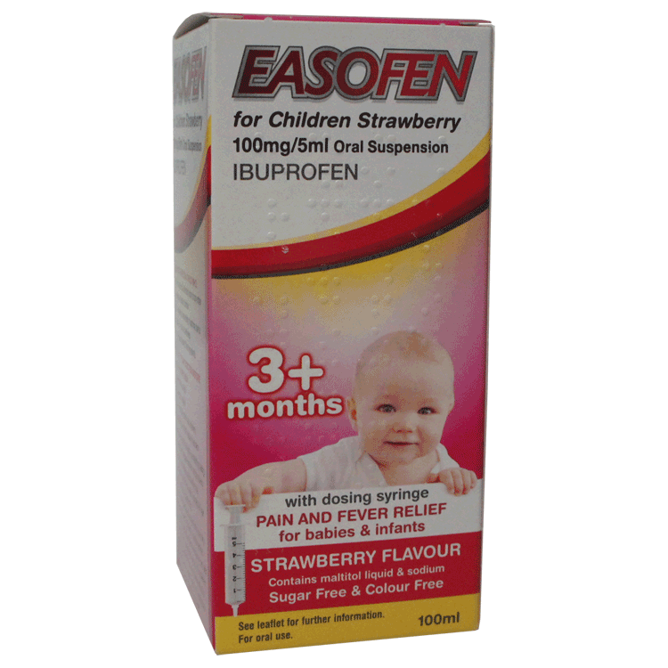 Easofen 3+ Oral Ibuprofen Suspension 100mg/5ml 100ml For 3 months Plus - Strawberry Flavour