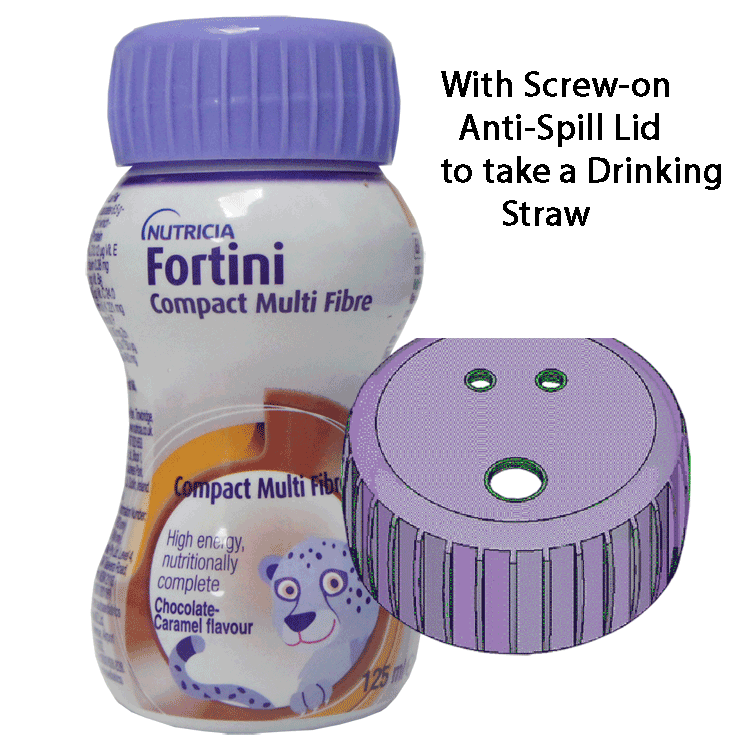 Fortini Compact Multi-Fibres 125 ml Chocolat/Caramel x 4 + Couvercle Anti-Déversement Paille x 1