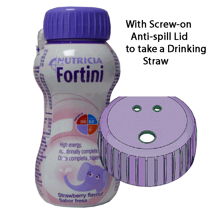 Fortini Erdbeere 200 ml x 4 – Mit oder ohne auslaufsicherem Deckel zur Aufnahme eines Trinkhalms