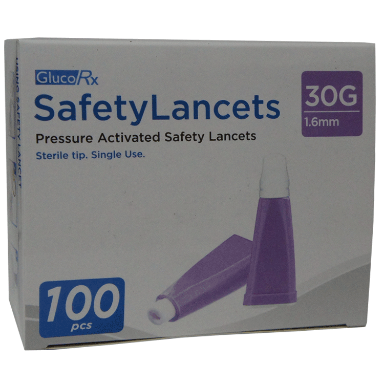 GlucoRx Sicherheitslanzetten - Druckaktivierte Sicherheitslanzetten zum Einmalgebrauch 30G (1,6 mm) x 100