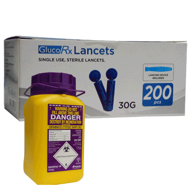 GlucoRx Safety Lancets - Single Use Pressure Activated Safety Lancets 30G ( 1.6mm) x 100 + Sharps Bin