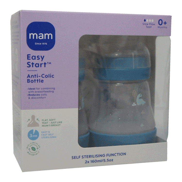 MAM Easy Start Anti-Colic Feeding Bottle 160ml  x 2 - 0 months + with Spare Teats