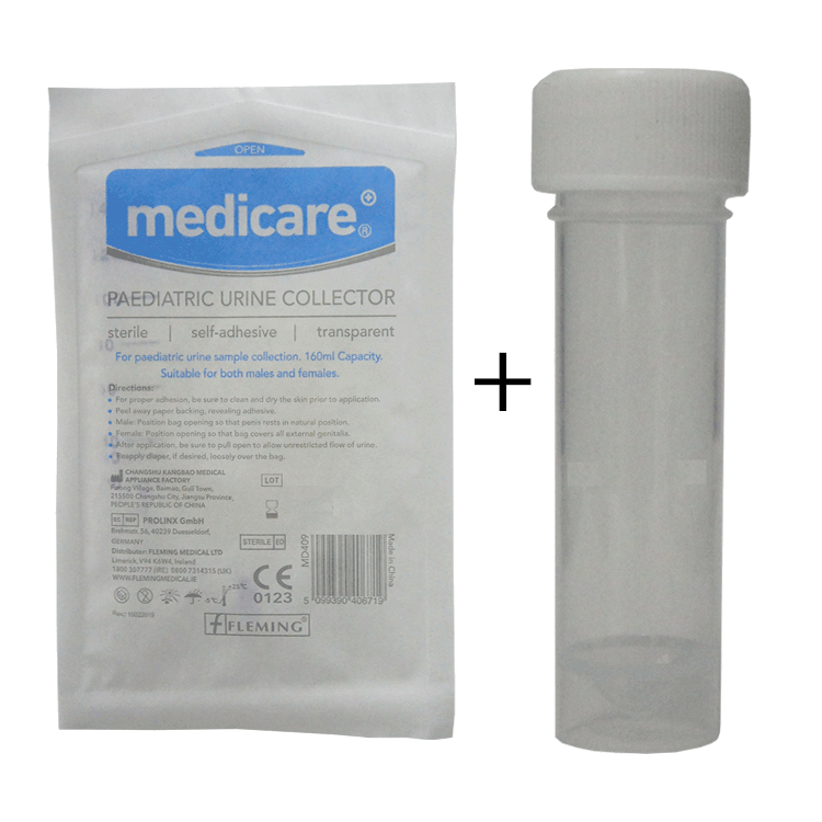 Sac de collecte d'urine pédiatrique 160 ml + flacon d'échantillon stérile 40 ml pour le transport de l'échantillon