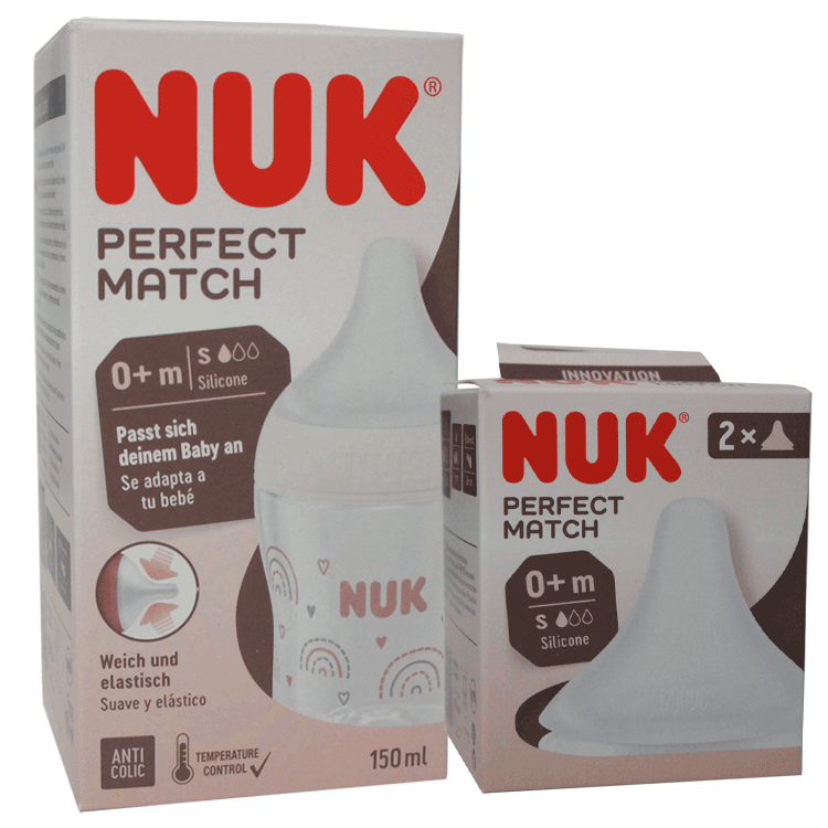 NUK Perfect Match silicone feeding bottle 150ml with 0+ months teat- With or without spare teats