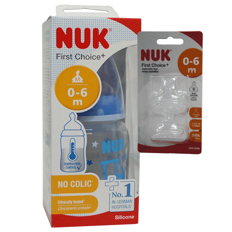 NUK First Choice Feeding Bottle 0 to 6 months 150ml with Spare NUK Teats 0 to 6 months x 2