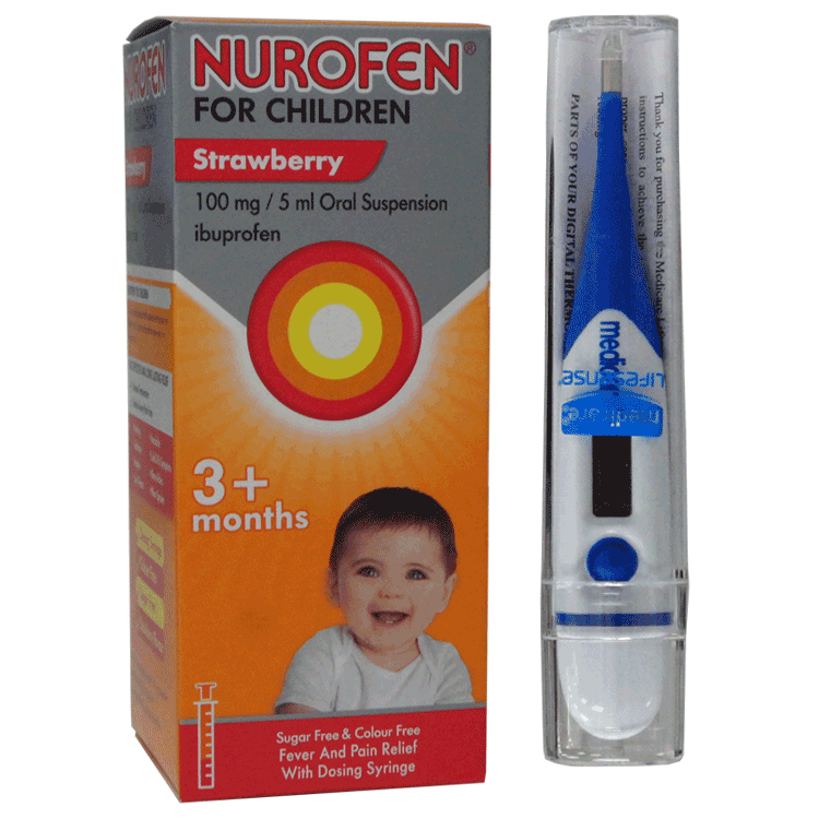 Nurofen für Kinder ab 3 Monaten – Erdbeergeschmack – Ibuprofen 150 ml mit Spritze mit/ohne digitalem Thermometer