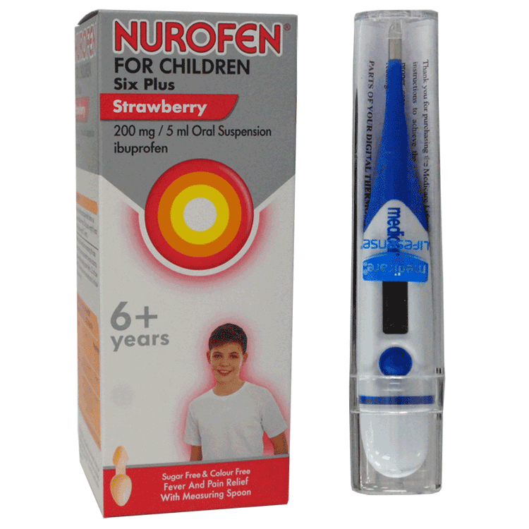 Nurofen for Children 6 years + - Strawberry Flavour - Ibuprofen 150ml With Spoon With or Without Digital Thermometer