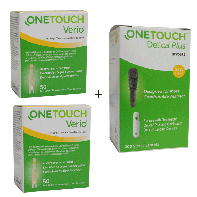 One Touch Verio-teststrips 2x 50 + One Touch Delica Plus lancetten x 200