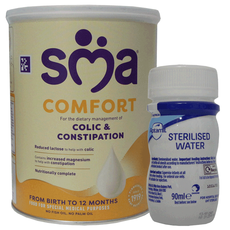 SMA Comfort Formula 800 g x 1 + steriles Aptamil-Wasser 90 ml x 24 – gegen Koliken und Verstopfung