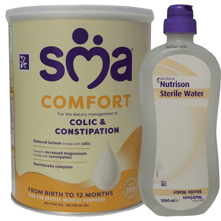 SMA Comfort Formula 800 g x 1 + Nutrison Sterilwasser 1000 ml x 1 – gegen Koliken und Verstopfung