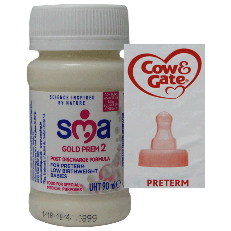 SMA Gold Prem Prêt à l'emploi 90 ml x 32 cartons + Tétines pour prématurés Cow & Gate x 32