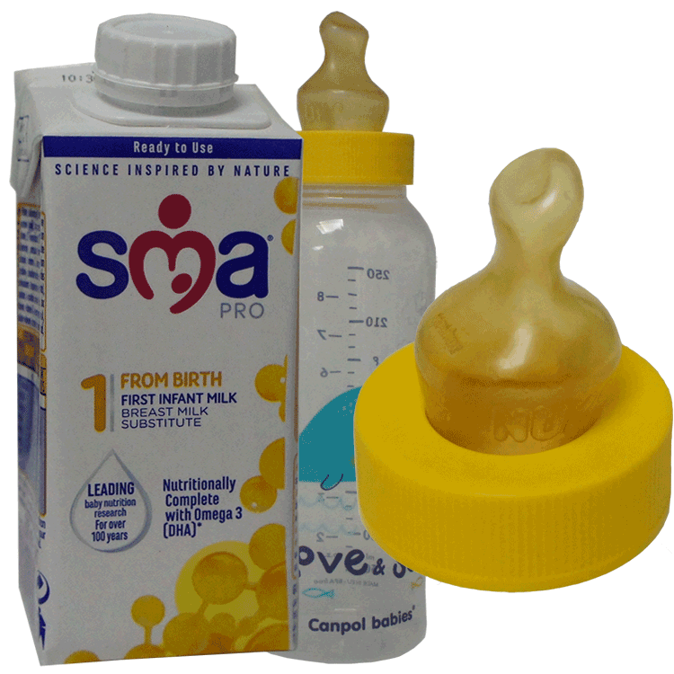 (Extra hungriges Baby von 0 bis 6 Monaten) SMA PRO 1 Erste Säuglingsmilch 200 ml x 6 + 24 SMA Gelbhalssauger + Canpol-Flaschen 250 ml x 2