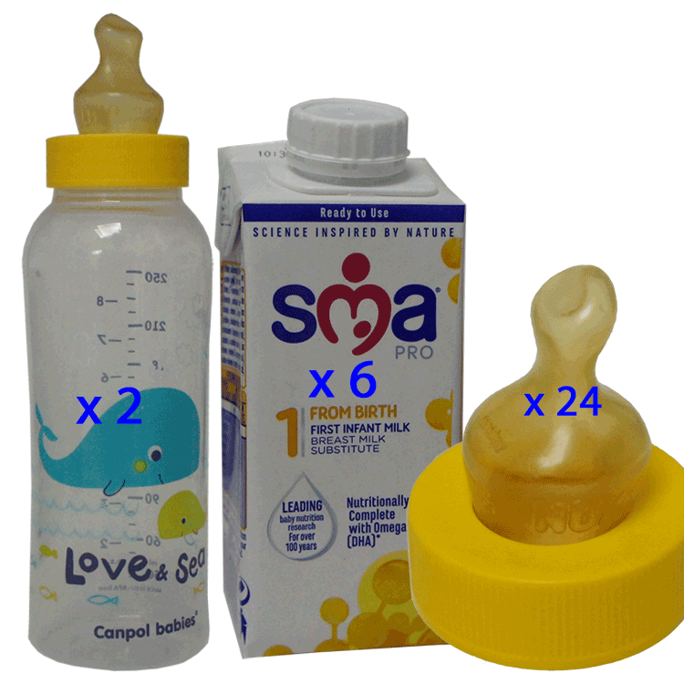 (Extra hungriges Baby von 0 bis 6 Monaten) SMA PRO 1 Erste Säuglingsmilch 200 ml x 6 + 24 SMA Gelbhalssauger + Canpol-Flaschen 250 ml x 2