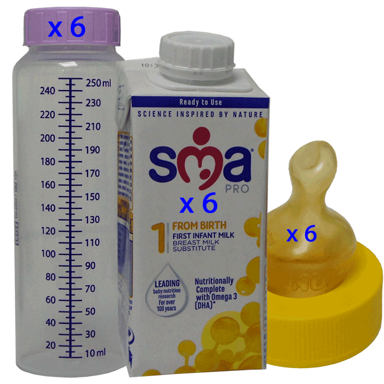 Pack de voyage de lait stérile pour bébé - SMA PRO 1 Premier lait pour bébé 200 ml x 6 (avec 6 biberons stériles et 6 tétines stériles)