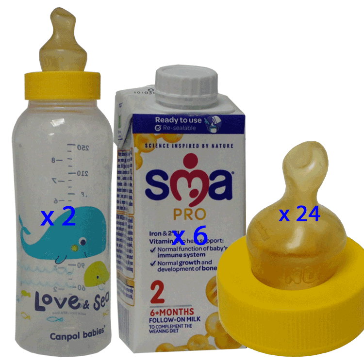(Extra hungriges Baby von 6 bis 18 Monaten) SMA Follow-On Säuglingsmilch 200 ml x 6 + 24 SMA Yellow Neck Sauger + Canpol Flaschen 250 ml x 2