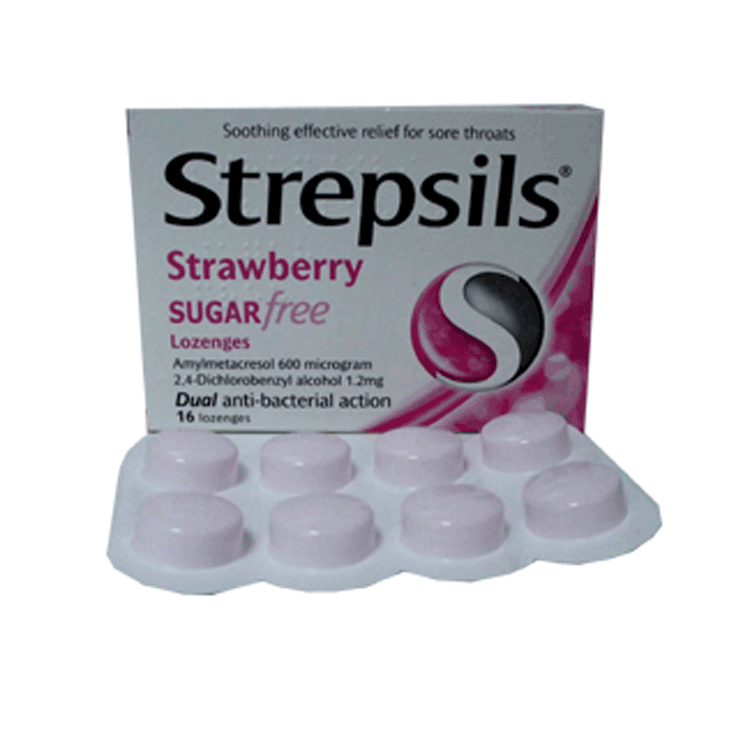 Strepsils Strawberry Sugar Free Lozenges x 16 - For Sore Throats