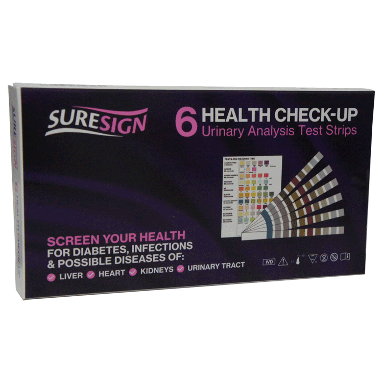 Suresign Health Check up - Urinary Analysis Strips x 6 - Screens for Diabetes, Infections and possible diseases of the Liver, Heart, Kidneys and Urinary Tract