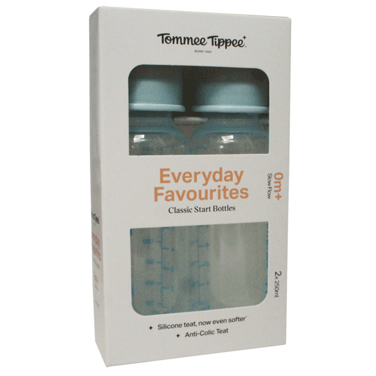 Biberons Tommee Tippee Everyday 0 mois+ 250 ml x 2 avec ou sans 24 tétines jetables stériles SMA