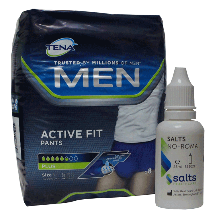 Tena for Men Active fit Pants - 2 Sizes - Pull-ups - With Salts No-Roma De-odourizer 28ml
