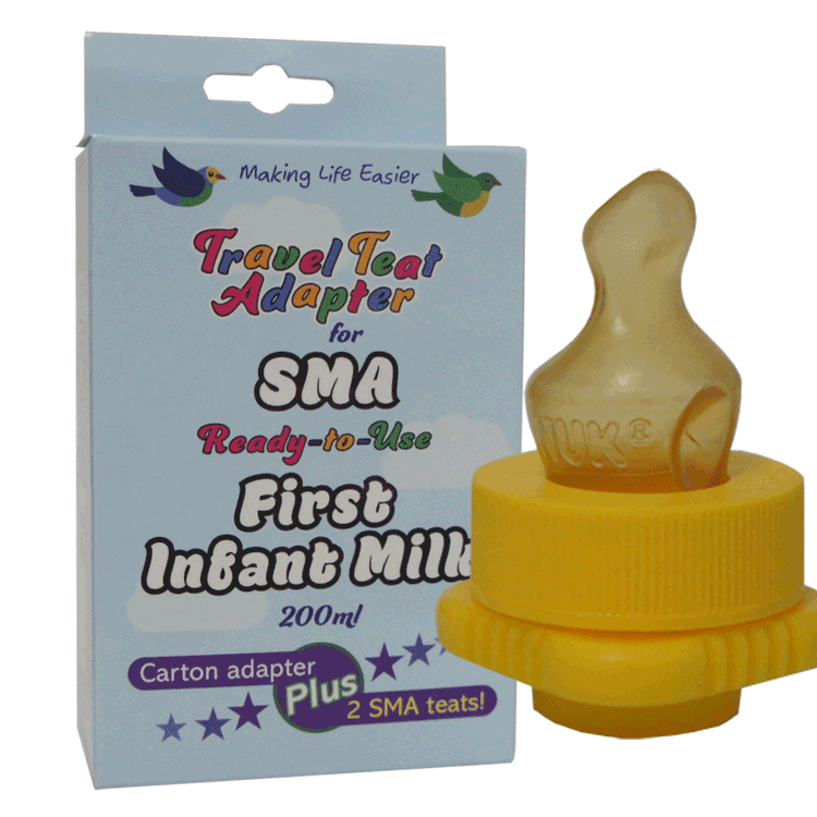 Travel Adapter for SMA First Infant Ready to Use milk cartons 200ml + SMA Teats ( Yellow Neck ) x 2