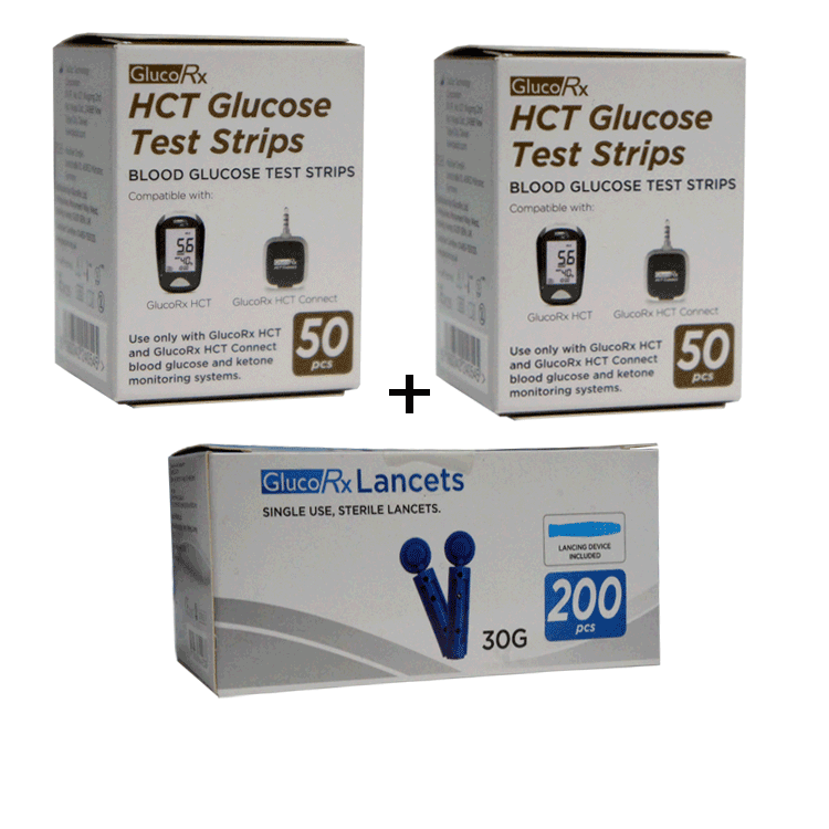 GlucoRX HCT Blutzuckerteststreifen x 100 + 200 GlucoRx Lanzetten
