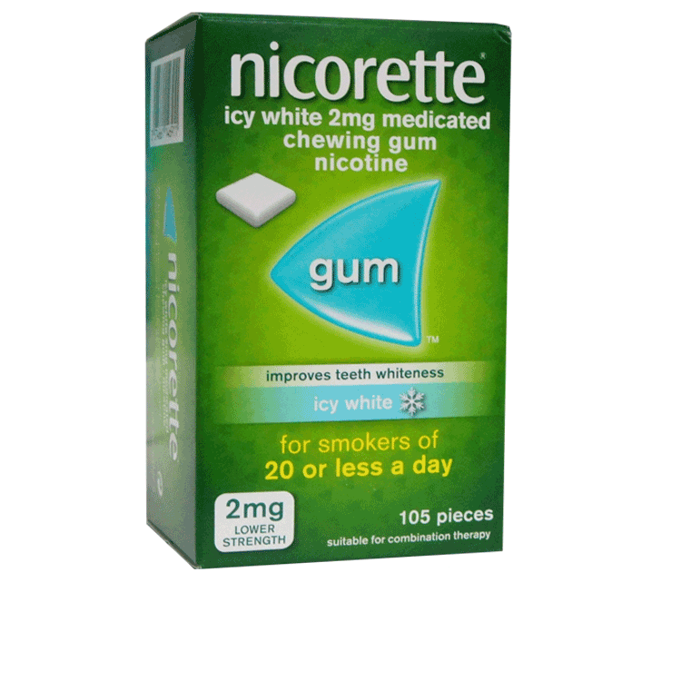 Nicorette 2mg Icy White Gum x 105 pieces - Strong mint Flavour - Sugar Free.