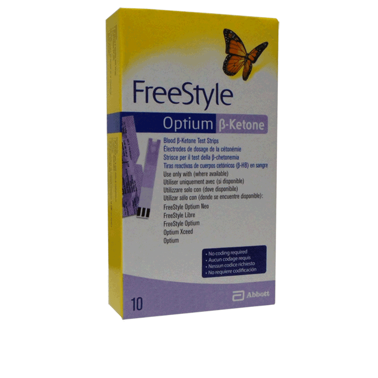 Freestyle Optium B-Ketone strips x 10 - Ketone testing in diabetics + 10 x GlucoRx Single Use Lancets